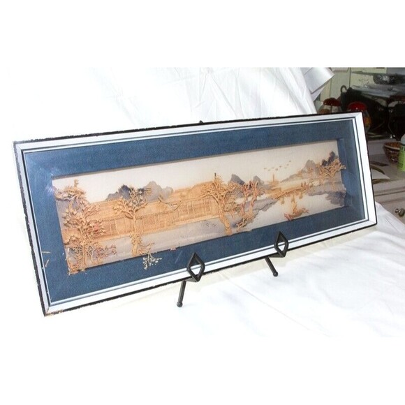 Rare Vgt Oversize Chinese Cork Carving Art Wall Hanging in Shadow Box Frame 25" - Picture 1 of 10